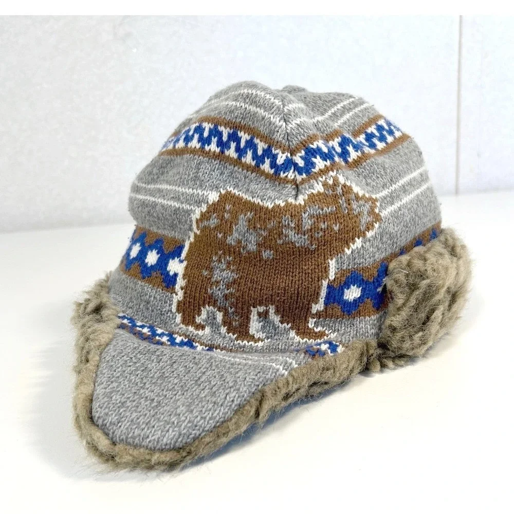 Hanna Andersson kid large youth bear knit trapper flap hat faux fur cotton lined